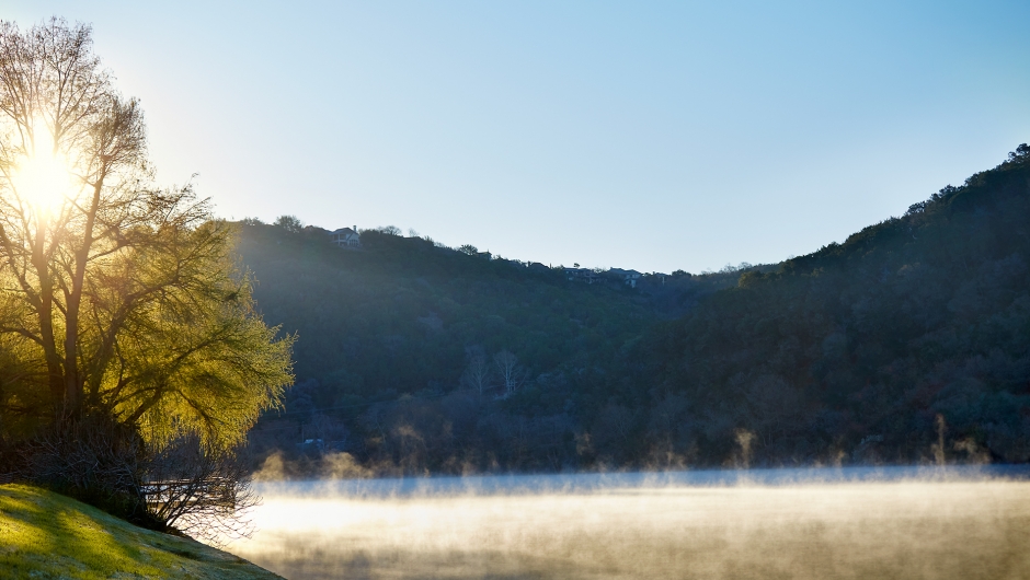 Sunrise on Lake with mist at Lake Austin Spa Resort